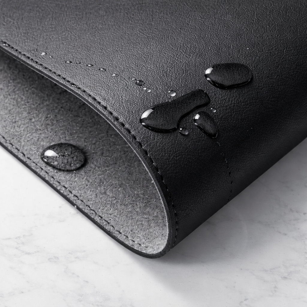 Close-up of a black desk mat surface with water droplets, showing a water-resistant finish.