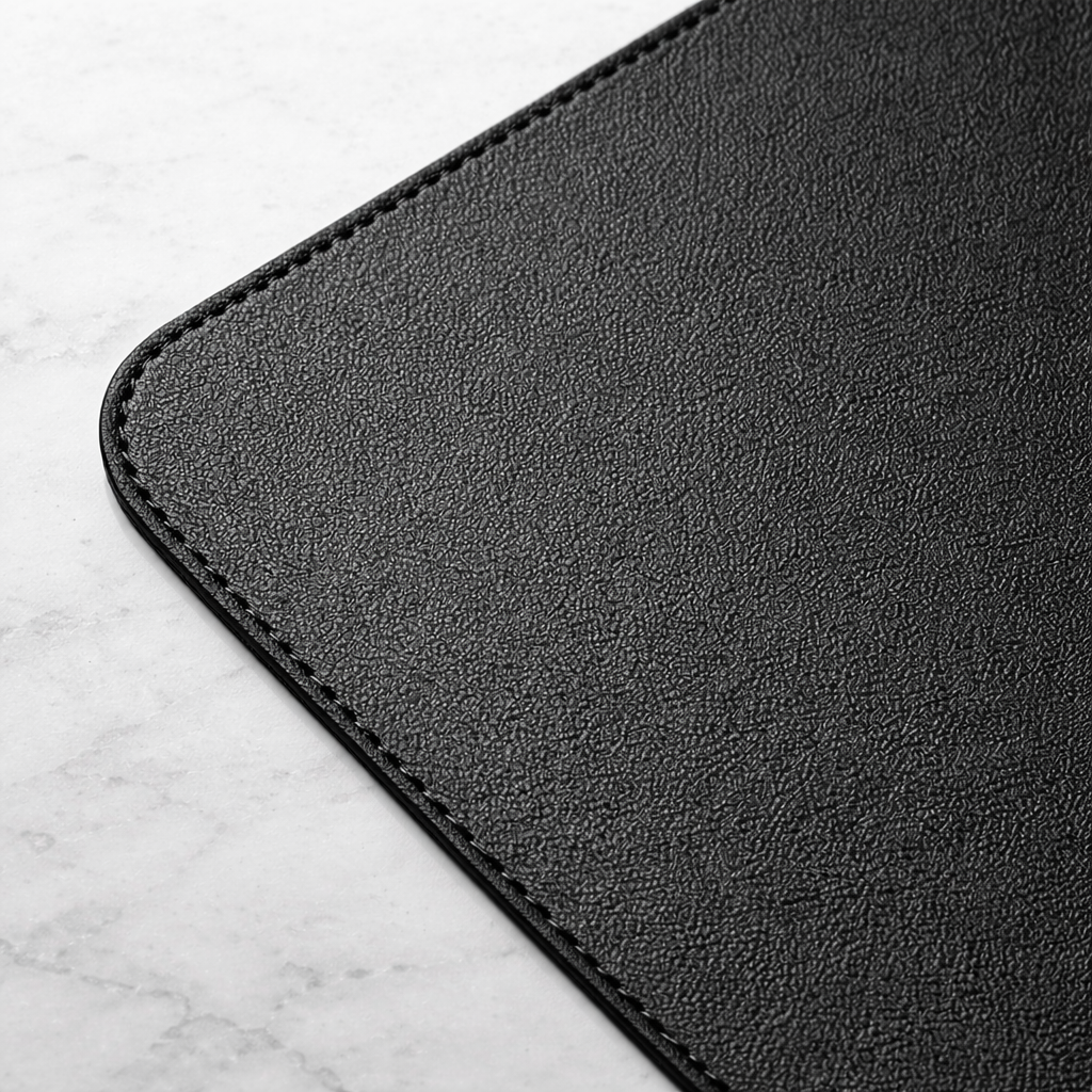 Close-up of charcoal vegan leather desk mat corner showing textured surface and stitched edge.