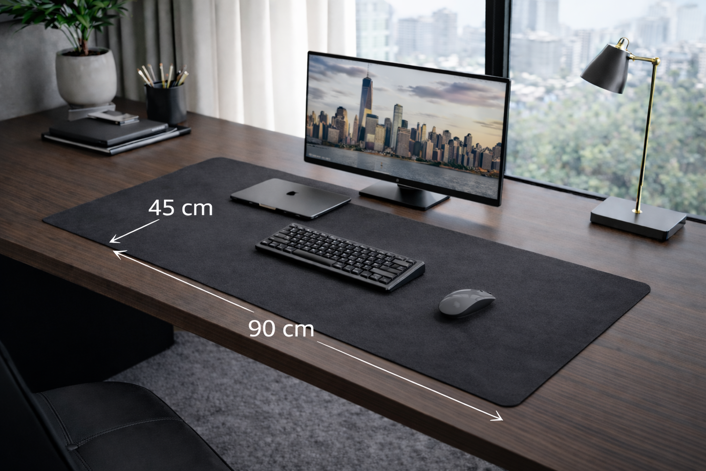 Dingo Desk vegan leather desk mat in Charcoal, Large size 45 x 90 cm, shown on a professional desk setup with labeled dimensions