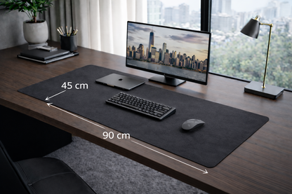 Dingo Desk vegan leather desk mat in Charcoal, Large size 45 x 90 cm, shown on a professional desk setup with labeled dimensions