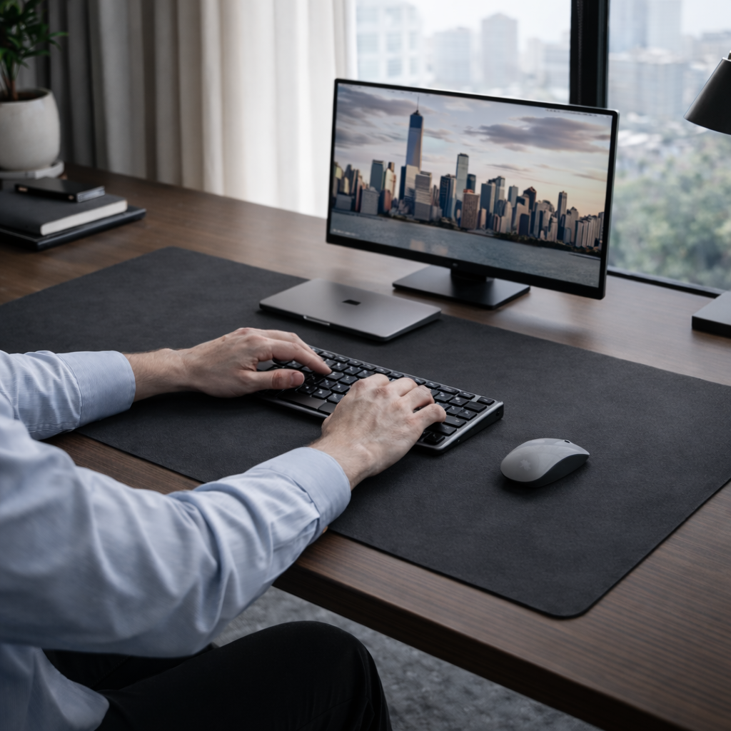 Dingo Desk vegan leather desk mat in Charcoal, Large size 45 x 90 cm, used on a modern professional workspace with keyboard and monitor