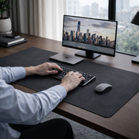 Dingo Desk vegan leather desk mat in Charcoal, Large size 45 x 90 cm, used on a modern professional workspace with keyboard and monitor