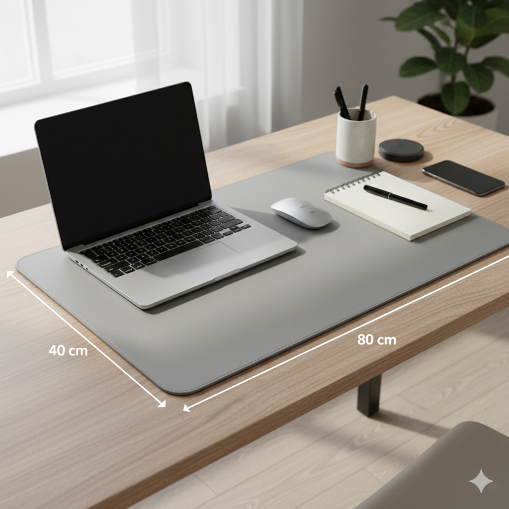 Dingo Desk vegan leather desk mat in Stone Gray, Medium size 40 x 80 cm, shown on a home desk setup with labeled dimensions