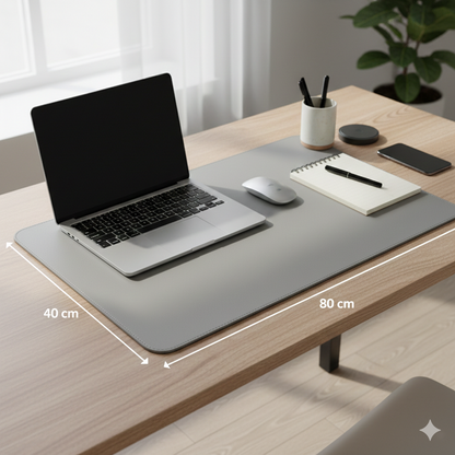 Dingo Desk vegan leather desk mat in Stone Gray, Medium size 40 x 80 cm, shown on a home desk setup with labeled dimensions