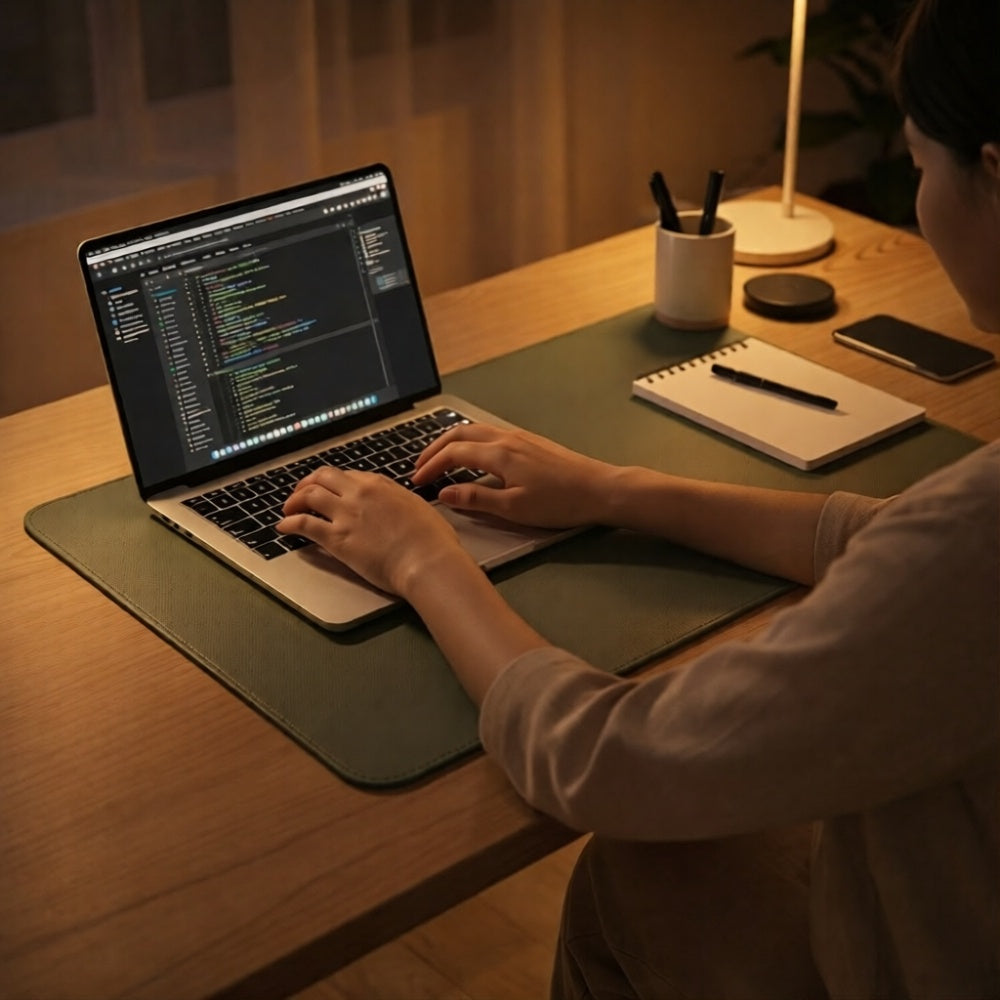 Dingo Desk vegan leather desk mat in Stone Gray, Medium size 40 x 80 cm, used on a warm evening home workspace