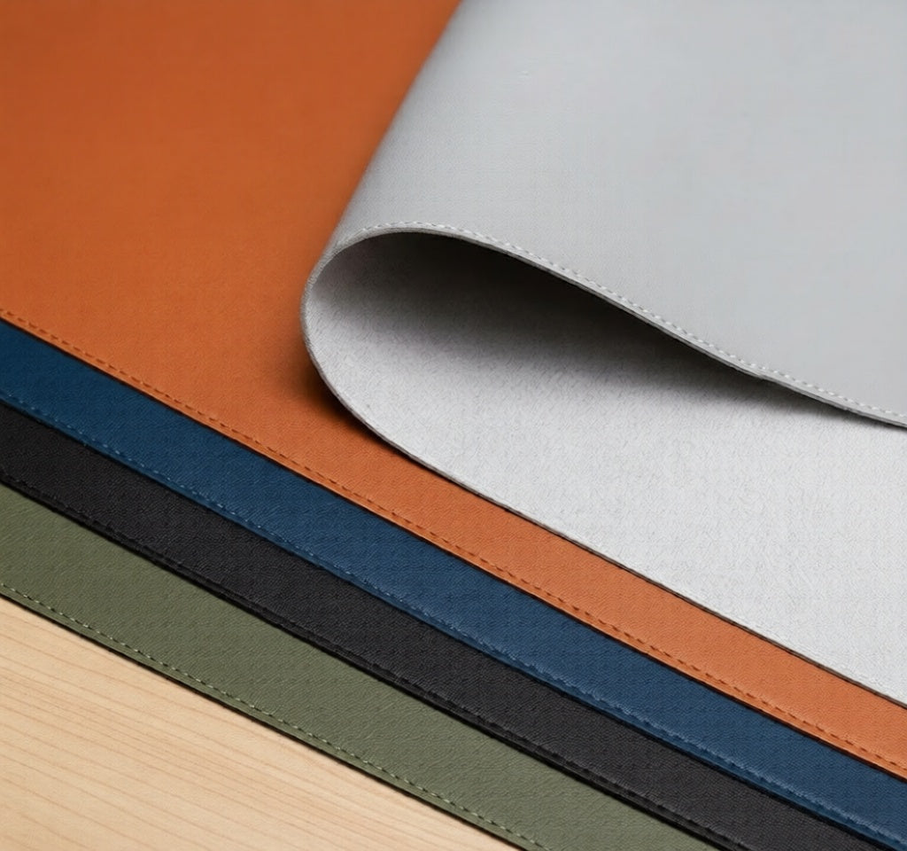 Dingo Desk vegan leather desk mat available in Charcoal, Deep Blue, Eucalyptus Green, Stone Gray and Outback Tan, with stitched edges on wooden desk