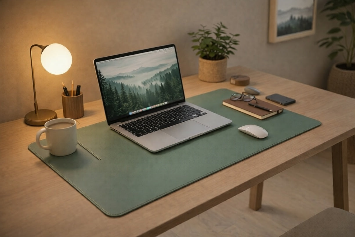 Eucalyptus green desk mat on a minimalist workspace with laptop, mouse and coffee cup