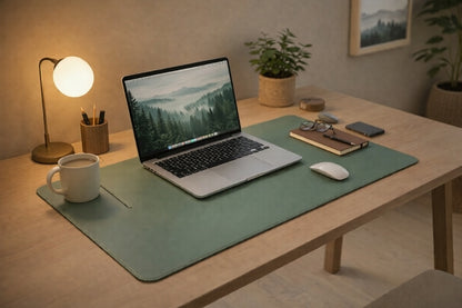 Eucalyptus green desk mat on a minimalist workspace with laptop, mouse and coffee cup