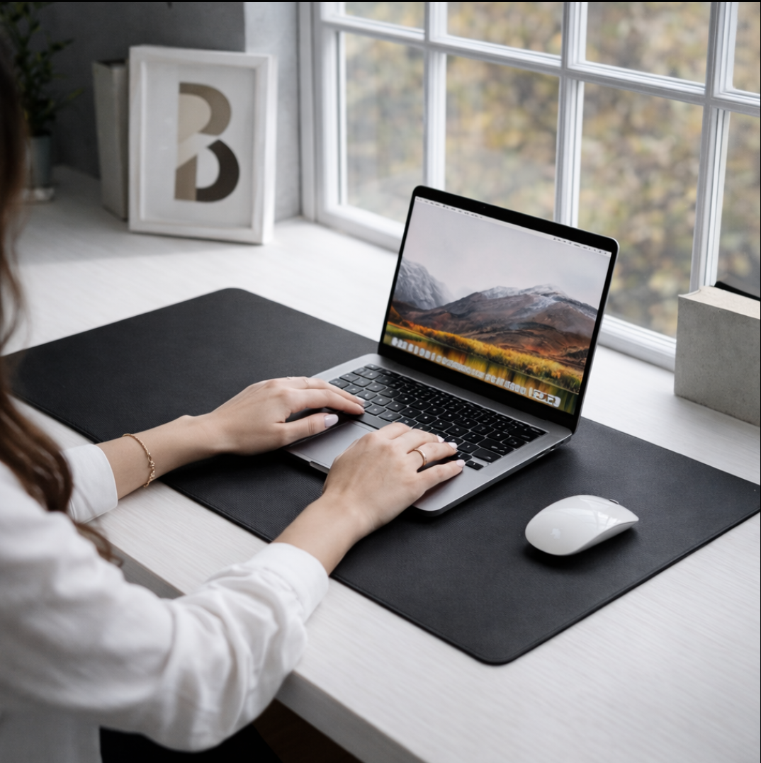 Large black desk mat on a modern workspace with laptop and mouse, creating an organised and professional desk setup