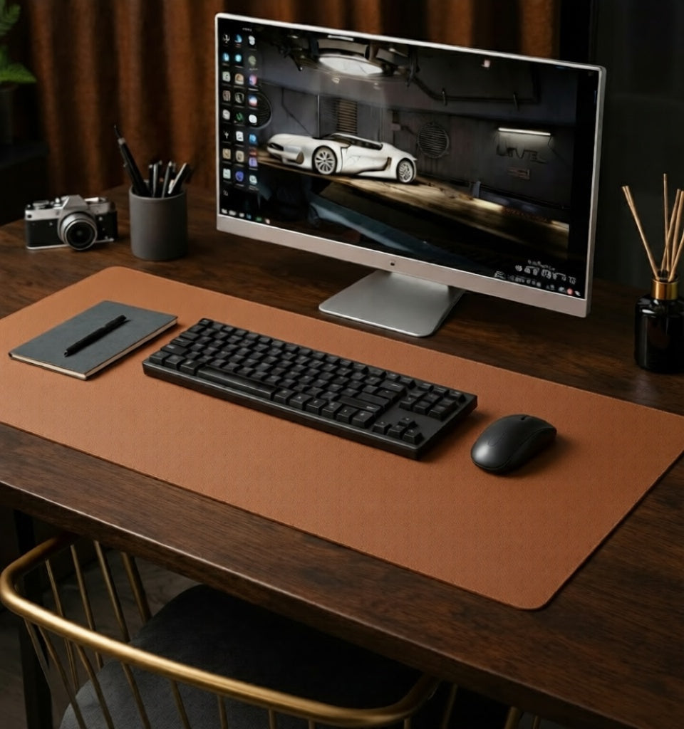 Outback tan desk mat on a minimalist workspace with monitor, keyboard and mouse