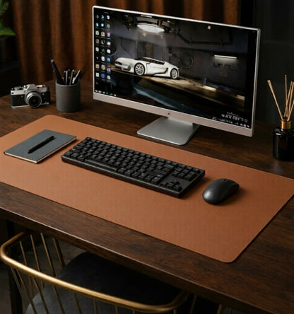 Outback tan desk mat on a minimalist workspace with monitor, keyboard and mouse